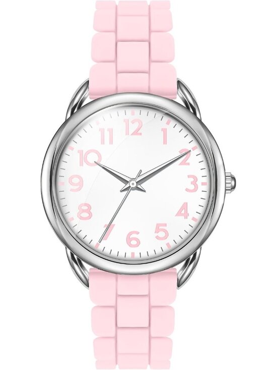 Women\'s Pink White Big Face Easy Reader Silicone Strap Waterproof 35MM Watch